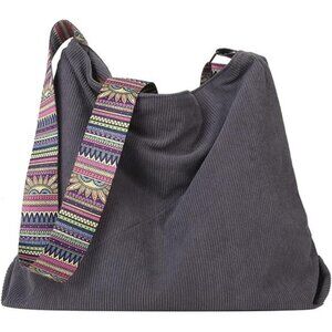 Corduroy Shoulder Tote Bag with Patterned Strap - Gray